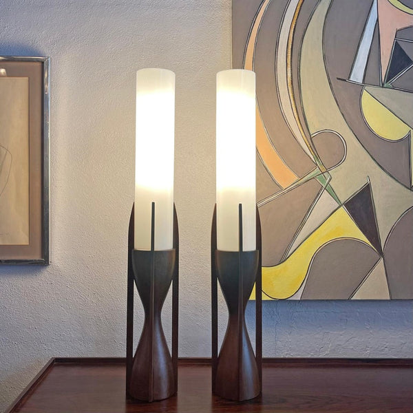 Mid-Century Walnut Glass Cylinder Table Lamps Byron Botker
