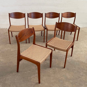 Scandinavian Modern Teak And Rope Weave Dining Chairs