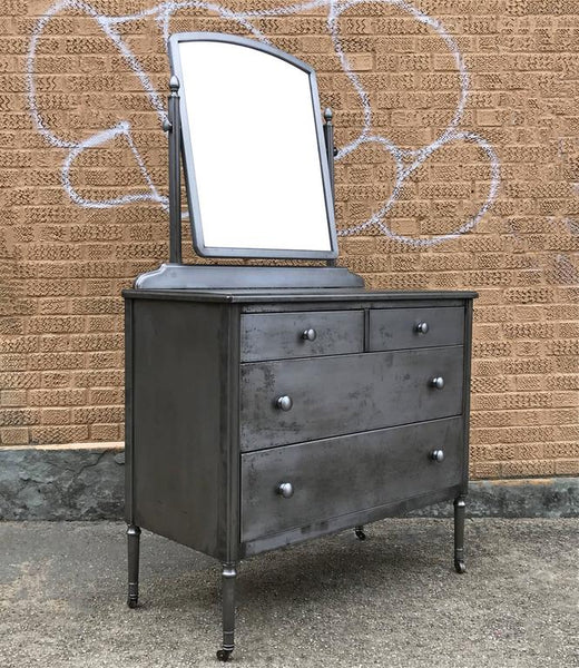 Vintage Brushed Steel Dresser and Mirror by Simmons – cityFoundry Vintage Brushed Steel Dresser and Mirror by Simmons – cityFoundry