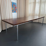 Swiss Mid-Century Modern Burl Walnut Chrome Extension Dining Table, John Stuart