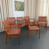 Mid-Century Modern Woven Leather Mahogany Dining Armchairs