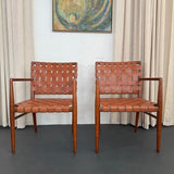 Mid-Century Modern Woven Leather Mahogany Dining Armchairs