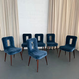 Set Of Six Hollywood Regency Blue Velvet Dining Chairs By Ernst Schwadron