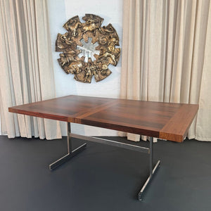 Scandinavian Modern Rosewood Chrome Trestle Extension Dining Table