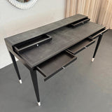 Italian Designer Tiered Black Lacquer Shagreen Leather Writing Desk