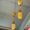 Pair Of Arts & Crafts Stain Glass And Brass Pendant Lights