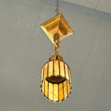 Pair Of Arts & Crafts Stain Glass And Brass Pendant Lights