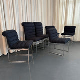 Set Of Six Upholstered Chrome Milo Baughman Style Dining Chairs