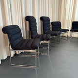 Set Of Six Upholstered Chrome Milo Baughman Style Dining Chairs