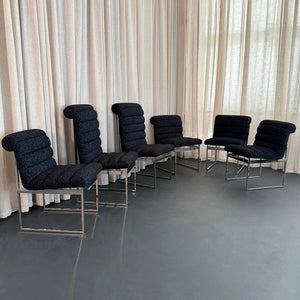 Set Of Six Upholstered Chrome Milo Baughman Style Dining Chairs