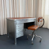 Industrial Mid-Century Brushed Steel Military Desk With Leather Pop-Up Top