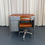 Industrial Mid-Century Brushed Steel Military Desk With Leather Pop-Up Top