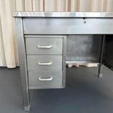 Industrial Mid-Century Brushed Steel Military Desk With Leather Pop-Up Top