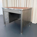 Industrial Mid-Century Brushed Steel Military Desk With Leather Pop-Up Top