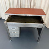 Industrial Mid-Century Brushed Steel Military Desk With Leather Pop-Up Top
