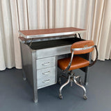 Industrial Mid-Century Brushed Steel Military Desk With Leather Pop-Up Top