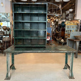 Two Piece Industrial Green Metal Workbench With Cubby Tool Storage