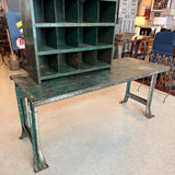 Two Piece Industrial Green Metal Workbench With Cubby Tool Storage