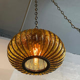 Hollywood Regency Amber Glass Caged Onion Swag Pendant Light