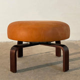 Modern Round Leather Bent Maple Swivel Ottoman