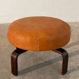 Modern Round Leather Bent Maple Swivel Ottoman