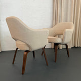 Pair Of Eero Saarinen For Knoll Wood Executive Armchairs In Cream Tweed