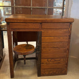Antique Industrial Oak Wood Typesetter Desk With Swing-Out Seat