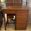 Antique Industrial Oak Wood Typesetter Desk With Swing-Out Seat