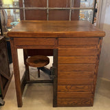 Antique Industrial Oak Wood Typesetter Desk With Swing-Out Seat