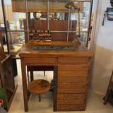 Antique Industrial Oak Wood Typesetter Desk With Swing-Out Seat