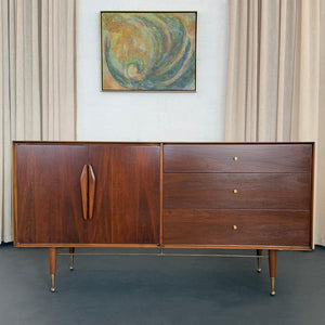 Mid-Century Modern Brass And Walnut Credenza Dresser
