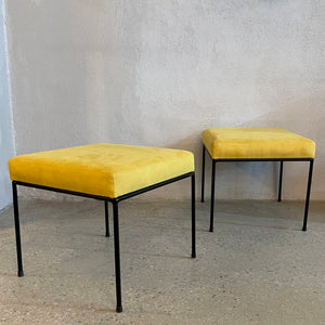 Minimal Mid-Century Modern Wrought Iron And Ultrasuede Ottomans