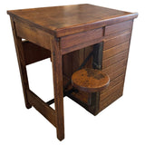 Antique Industrial Oak Wood Typesetter Desk With Swing-Out Seat