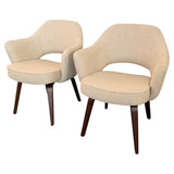 Pair Of Eero Saarinen For Knoll Wood Executive Armchairs In Cream Tweed