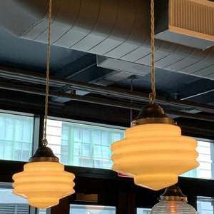 Pair Of Art Deco Ridged Milk Glass Pendant Lights