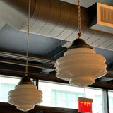 Pair Of Art Deco Ridged Milk Glass Pendant Lights