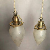 Pair Of Antique Etched Frosted Glass Teardrop Pendant Lights