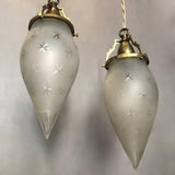 Pair Of Antique Etched Frosted Glass Teardrop Pendant Lights