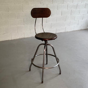 Industrial Brushed Steel And Maple Drafting Stool