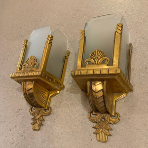 Pair Of Art Deco Brass and Frosted Glass Wall Sconce Lights