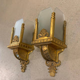 Pair Of Art Deco Brass and Frosted Glass Wall Sconce Lights