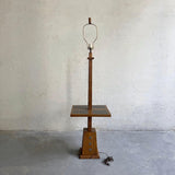 Mid Century Modern Carved Oak And Ceramic Floor Lamp WIth Table