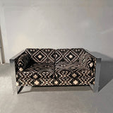 Mid Century Modern Flat Bar Chrome Aztec Velvet Loveseat Sofa