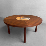 Scandinavian Modern Round Walnut Bird Inlay Coffee Table