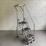 Tall Industrial Machine-Age Rolling Aluminum Ladder