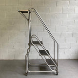 Tall Industrial Machine-Age Rolling Aluminum Ladder