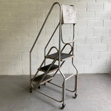 Tall Industrial Machine-Age Rolling Aluminum Ladder
