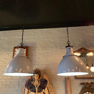 Pair of Large Industrial Enameled Steel Dome Factory Pendant Lights