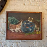 Small Naive Acrylic Painting Of Curious Kittens Around A Fishbowl