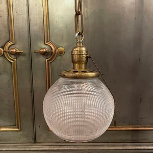 Early 20th Century Industrial Holophane Glass Globe Pendant Light